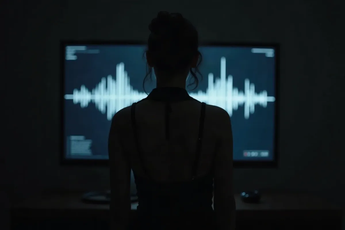 A stern AI mistress on a phone screen during a live video call, with chat bubbles and a call timer beside her