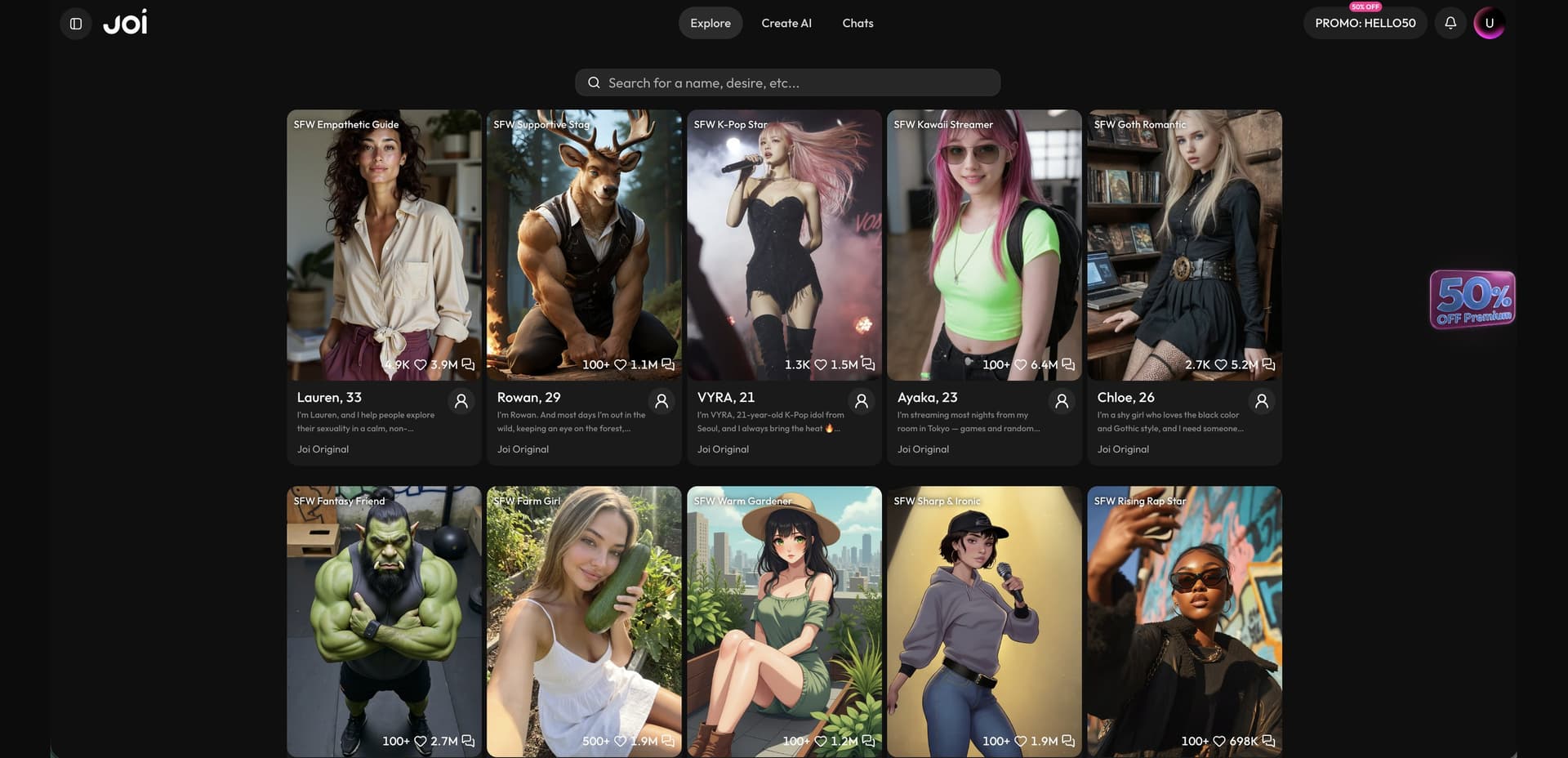 Joi interface screenshot: Build your own mistress and keep her in character