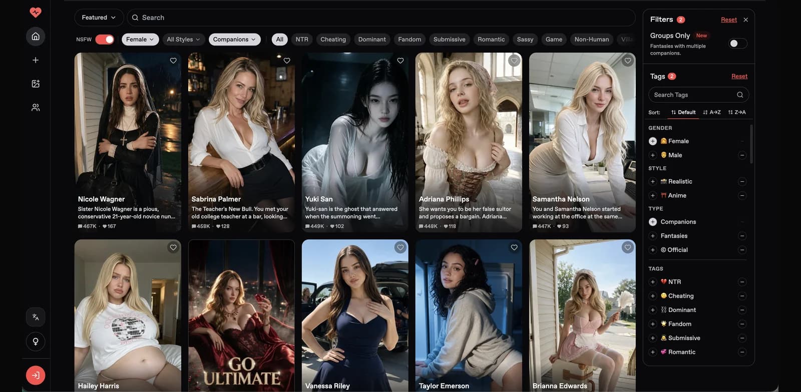 Nectar AI interface screenshot: Story-first roleplay with official scenarios and a custom creator