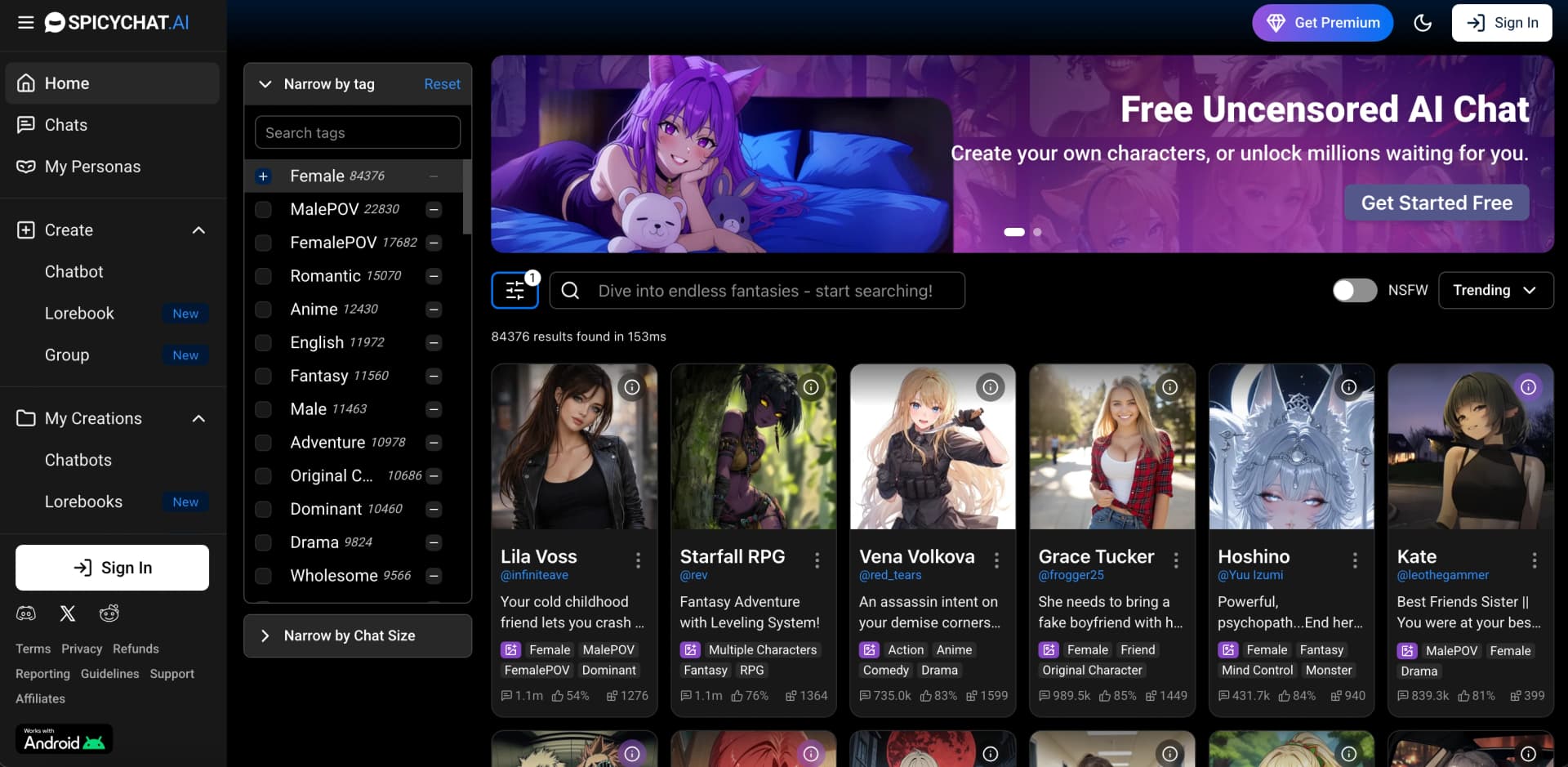 SpicyChat interface screenshot: Huge community bot library with a usable free tier
